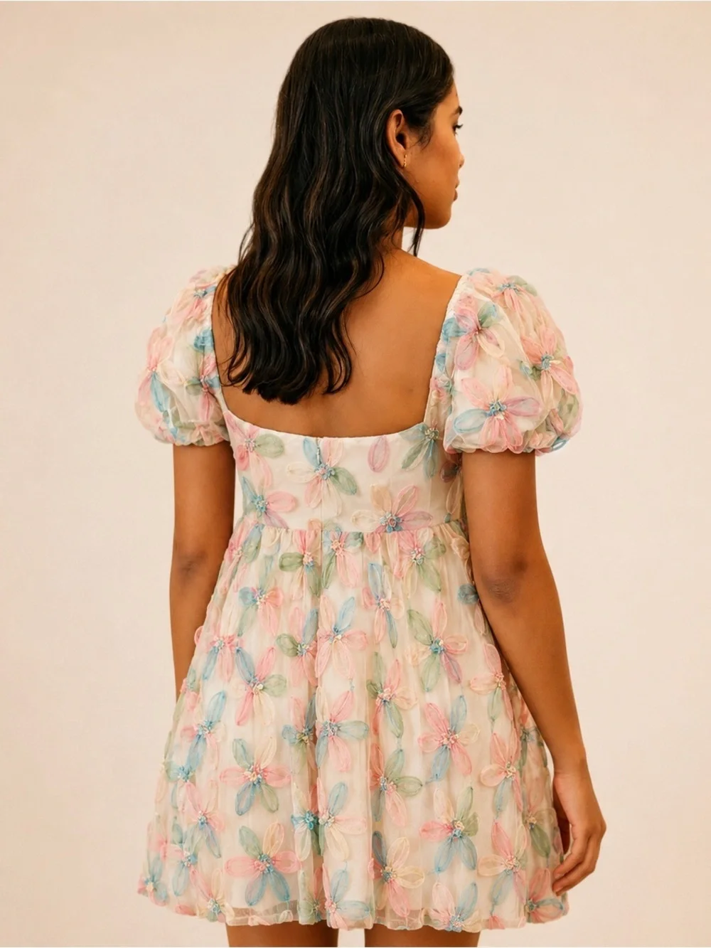 Romantic Pastel Floral Appliqué Puff Sleeve Mini Dress Sequins NWT M #2339-40